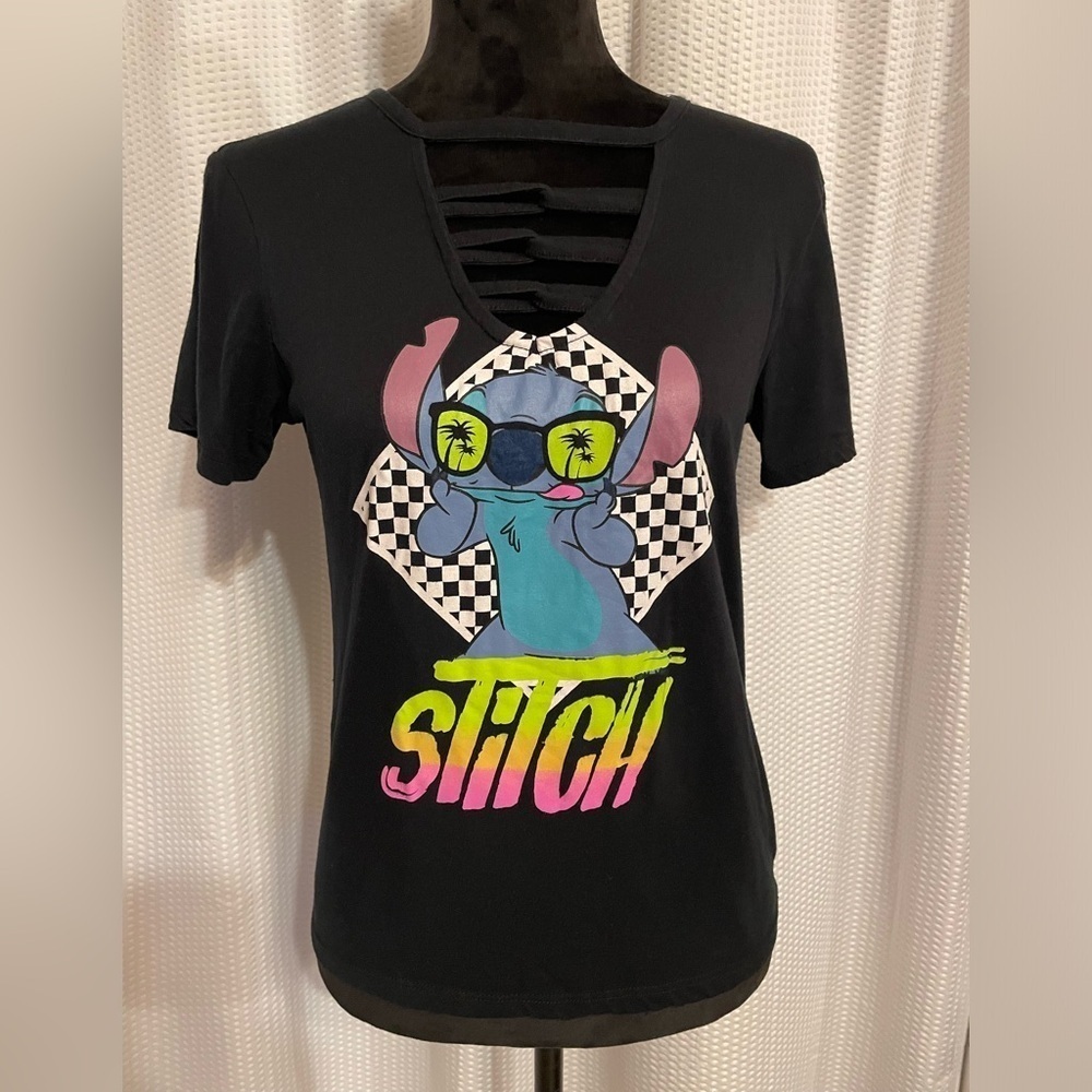 Disney Stitch black strappy ladder v-neck short sleeve crop top size small